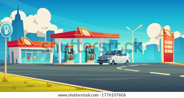 Gas station, cars refueling city service,\
petrol shop with building, price display and pump hoses on\
cityscape background, fuel selling for urban vehicles, oil refill,\
Cartoon vector\
illustration