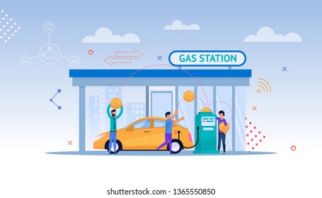 Gas Station Cartoon Illustration. Car Petrolium Refill. Driver Consumer on Street with Cityscape make Payment for Gasoline or Oil. Modern Energy Economy by Fill Up Biofuel or Diesel.