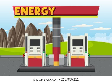 Gas Station Cartoon Scene Illustration Stock Vector (Royalty Free ...