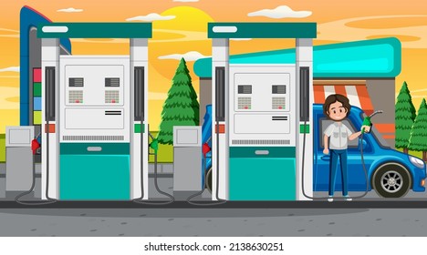 Gas station cartoon scene illustration