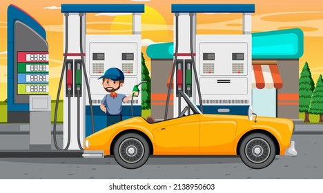 Gas Station Cartoon Scene Illustration Stock Vector (Royalty Free