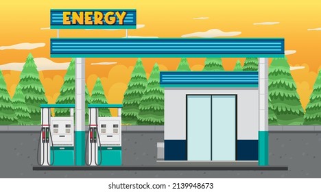 Gas Station Cartoon Scene Illustration Stock Vector (Royalty Free