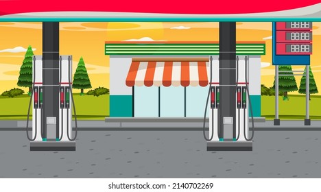 Gas Station Cartoon Scene Illustration Stock Vector (Royalty Free ...