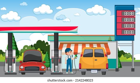 Gas station cartoon scene illustration
