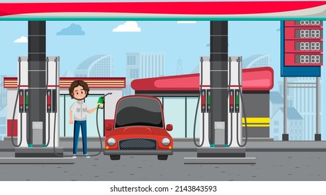 Gas Station Cartoon Scene Illustration: เวกเตอร์สต็อก (ปลอดค่าลิขสิทธิ์