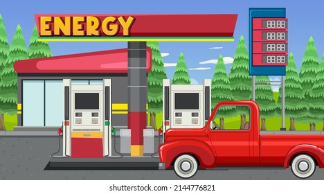 Gas Station Cartoon Scene Illustration Stock Vector (Royalty Free