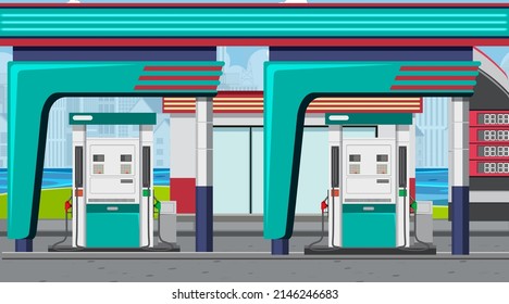Gas station cartoon scene illustration