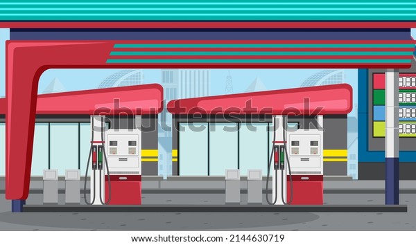 Gas station cartoon\
scene illustration