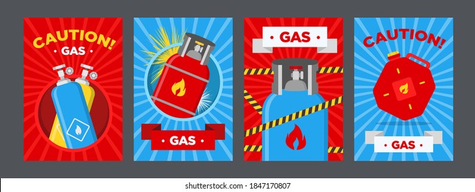 Gas station caution posters set. Canisters and balloons with flammable sign vector illustrations on red or blue background. Templates for gas station banners and warning signs