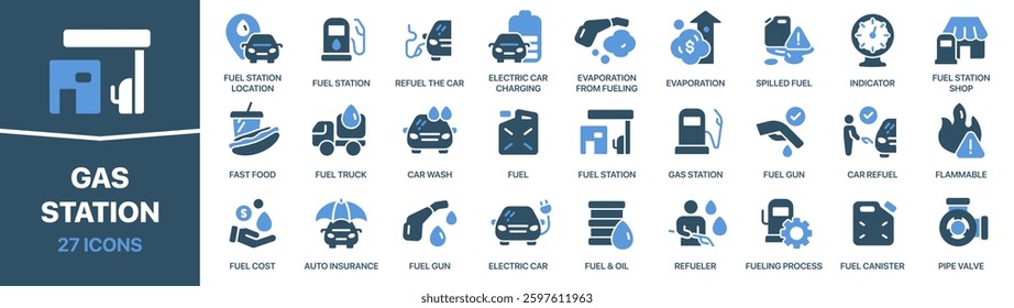 Gas station colored signed icon collection. Fuel, car refuel, fuel gun, canister icons. UI icon set. Colored icons pack. Vector illustration