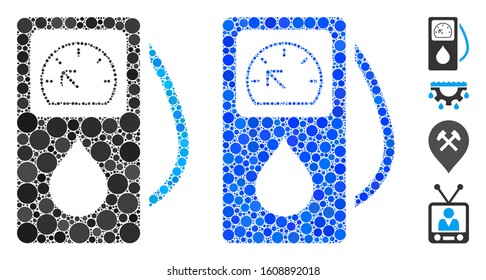Gas station composition of small circles in different sizes and color hues, based on gas station icon. Vector random circles are combined into blue composition.