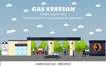 Gas station concept vector banner. Transport related service buildings. People fuel their cars.