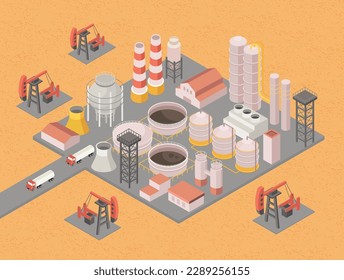 Estación de gasolina en el desierto. Producción de energía y electricidad a partir de gas o combustible. El paisaje de extracción de petróleo. Tanques líquidos y autos oscuros. Plantilla, disposición y burla. Ilustración vectorial isométrica de dibujos animados