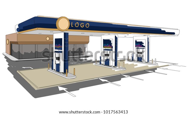 Gas Station Detailed Drawing Illustration Colorful Stock Vector