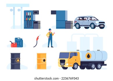 Estación de gasolina. Repostería diesel. Barril y cartucho de petróleo. Camión de gasolina. Trabajador uniformado con boquilla de reabastecimiento. Repuesto de automóviles. Combustible fósil. Insignias de estilo plano