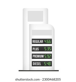 Gas station display stand, Template isolated on white background. Fuel price led screen billboard mockup. Electronic pixel tablo gasoline cost. Petrol car service live banner. Vector illustration