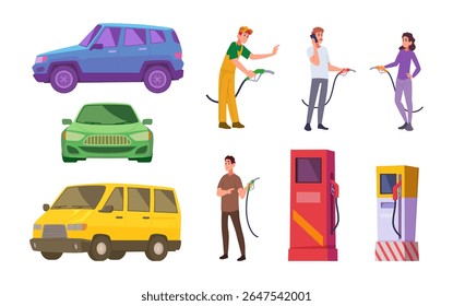 Gas station. Drivers fill up car with fuel exact vector people and vehicles
