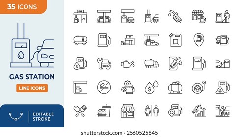 Gas station editable icon set. Filling Station. Gas, fuel and Service: Fuel Pump, Gas Nozzle, Car, Tire Inflation, Convenience Store, Restroom, and More.