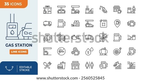 Gas station editable icon set. Filling Station. Gas, fuel and Service: Fuel Pump, Gas Nozzle, Car, Tire Inflation, Convenience Store, Restroom, and More.