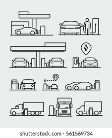 Gas station or electric vehicle charging station vector line icons