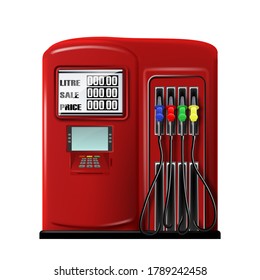 Gas Station Equipment For Refuel Automobile Vector. Fuel Auto Station Tool With Petrol Pump Filling Nozzles, Payment Terminal And Gasoline Measuring. Car Refueling Template Realistic 3d Illustration