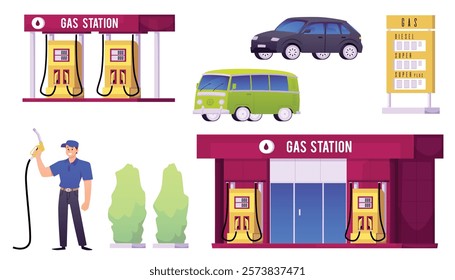 Gas station equipment vector flat illustrations set. Cartoon building, refueler worker with pump hose gun, diesel price board, fuel tank, cars and bushes isolated on white background