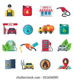 Gas Station Flat Color Icons Set Of Canister Tanker Gun Cafe Employee Column With Pump Isolated Vector Illustration 