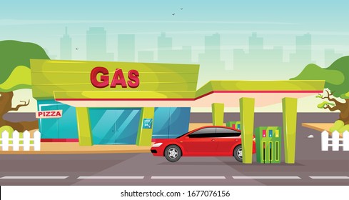 Gas station flat color vector illustration. Petrol pump for vehicle. Gasoline refill for transportation in overdrive. Auto fuel service. Cute 2D cartoon cityscape with red car on background