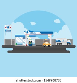 Gas station flat vector design.service building Gasoline and oil station with shop.