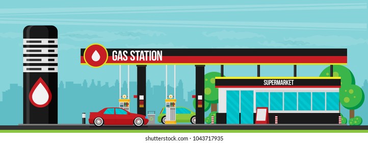 Gas station flat vector illustration