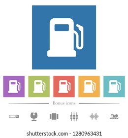 Gas station flat white icons in square backgrounds. 6 bonus icons included.