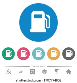 Gas station flat white icons on round color backgrounds. 6 bonus icons included.