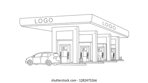 gasolineras dispensadores de combustible de gasolineras ilustración de fila con camión, dibujo lineal