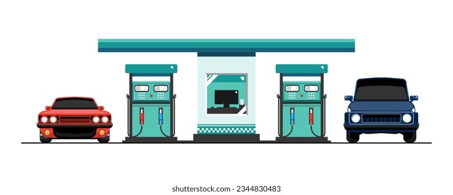 Gas station fuel with personal car on isolated background, Vector illustration.