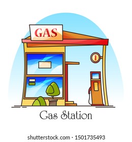 Gas station with fuel pump. Petrol cartoon building with car oil. Structure facade for road sign. Gasoline refueling or diesel consumption, benzine for auto with store. Transport and architecture them