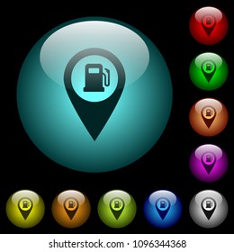 Gas station GPS map location icons in color illuminated spherical glass buttons on black background. Can be used to black or dark templates