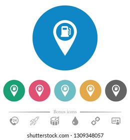 Gas station GPS map location flat white icons on round color backgrounds. 6 bonus icons included.