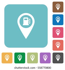 Gas station GPS map location white flat icons on color rounded square backgrounds