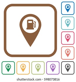 Gas station GPS map location simple icons in color rounded square frames on white background