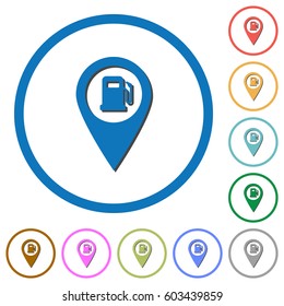Gas station GPS map location flat color vector icons with shadows in round outlines on white background