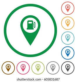 Gas station GPS map location flat color icons in round outlines on white background