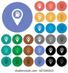 Gas station GPS map location multi colored flat icons on round backgrounds. Included white, light and dark icon variations for hover and active status effects, and bonus shades on black backgounds.