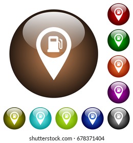 Gas station GPS map location white icons on round color glass buttons