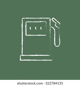 Gas station hand drawn in chalk on a blackboard vector white icon isolated on a green background.
