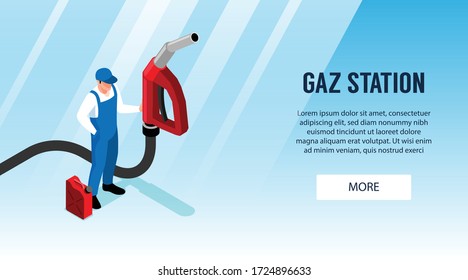 Gas station horizontal banner with worker in uniform holding big filling gun isometric vector illustration