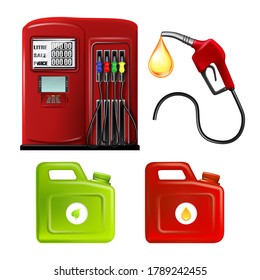 Gas Station Hosepipe And Canisters Set Vector. Collection Of Station Equipment, Hose Pipe With Petrol Drop And Jerrycan For Bio Eco Clean Fuel Hydrogen And Petroleum. Layout Realistic 3d Illustrations