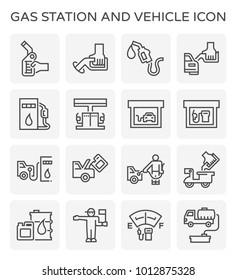 Gas station icon. Also called service station or petrol station to sells fuel and gasoline for car and motor vehicles. Including with worker, fuel dispenser, tank, building, level gauge and vehicle.
