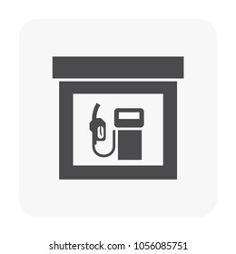 Gas station icon. Also called service station or petrol station to sell fuel and gasoline for car, automobile, motor vehicle. Include fuel nozzle connect to pump and fuel dispenser by flexible hose.