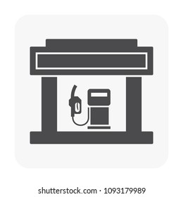 Gas station icon. Also called service station or petrol station to sell fuel and gasoline for car, automobile, motor vehicle. Include fuel nozzle connect to pump and fuel dispenser by flexible hose.