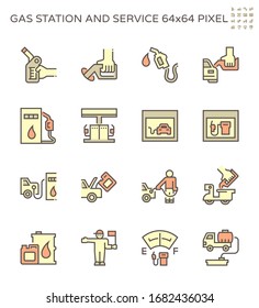 Gas station icon. Also called service station or petrol station to sells fuel and gasoline for car and motor vehicles. Including with worker, fuel dispenser, tank, building, level gauge and vehicle.